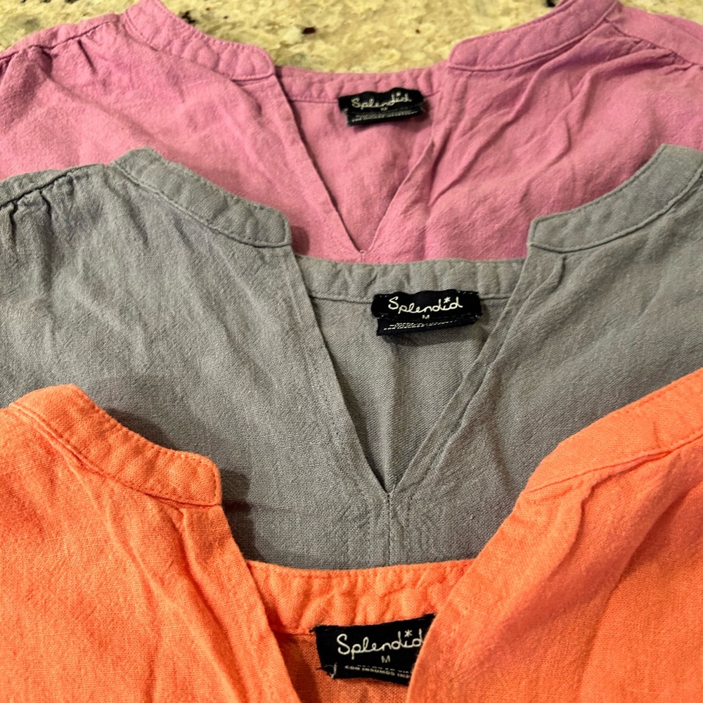 Three Splendid Linen V-Neck Tops - Purple, Light Blue, Coral - Medium